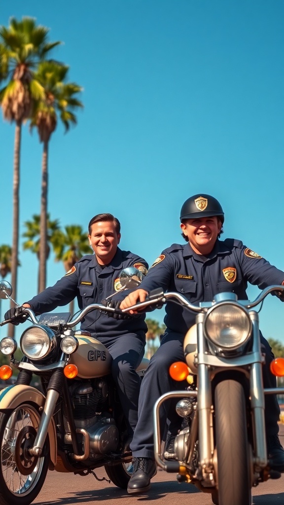 Two motorcycle officers from CHiPs riding through Los Angeles, showcasing the sunny California backdrop.